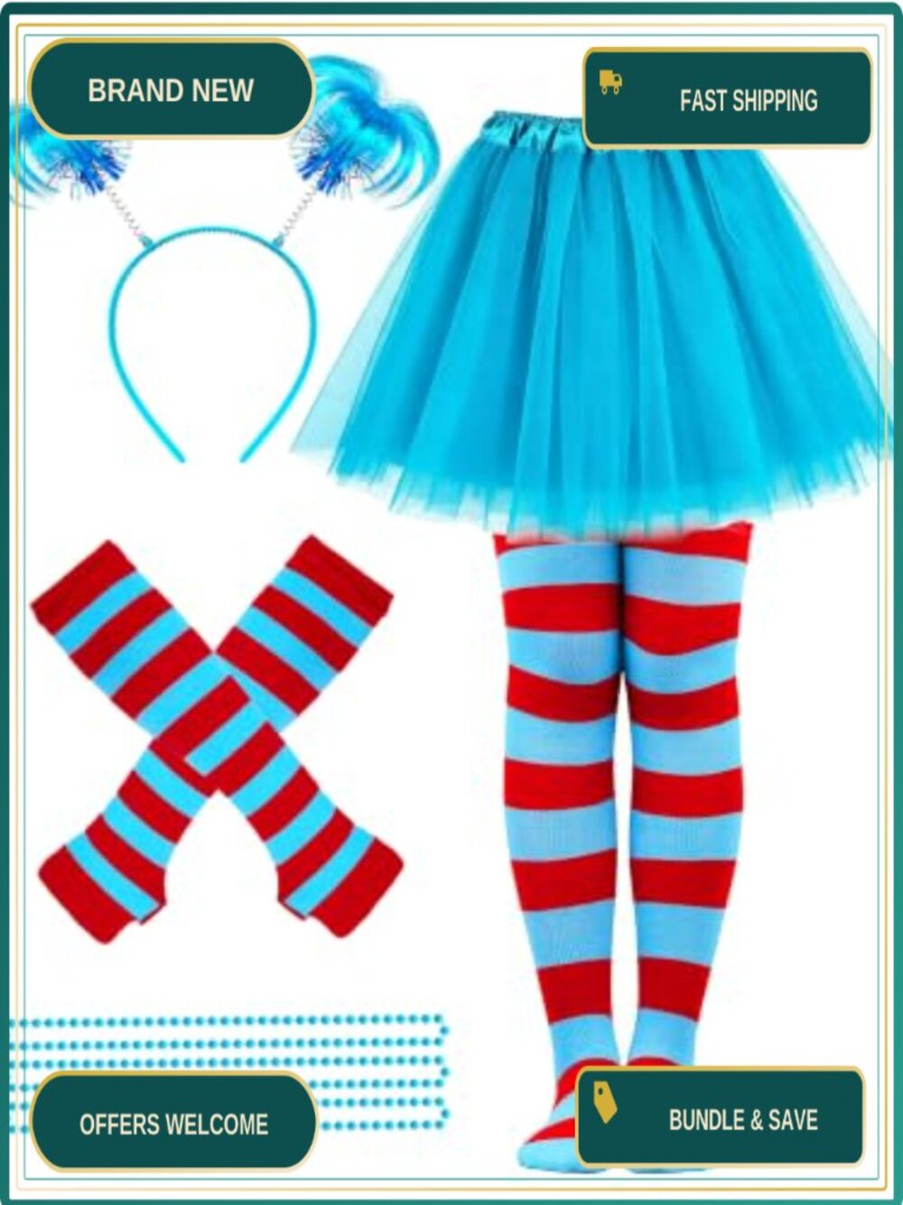 5 Piece Tutu Costume Set Tulle Skirt Arm Warmers Socks Beaded Necklaces
